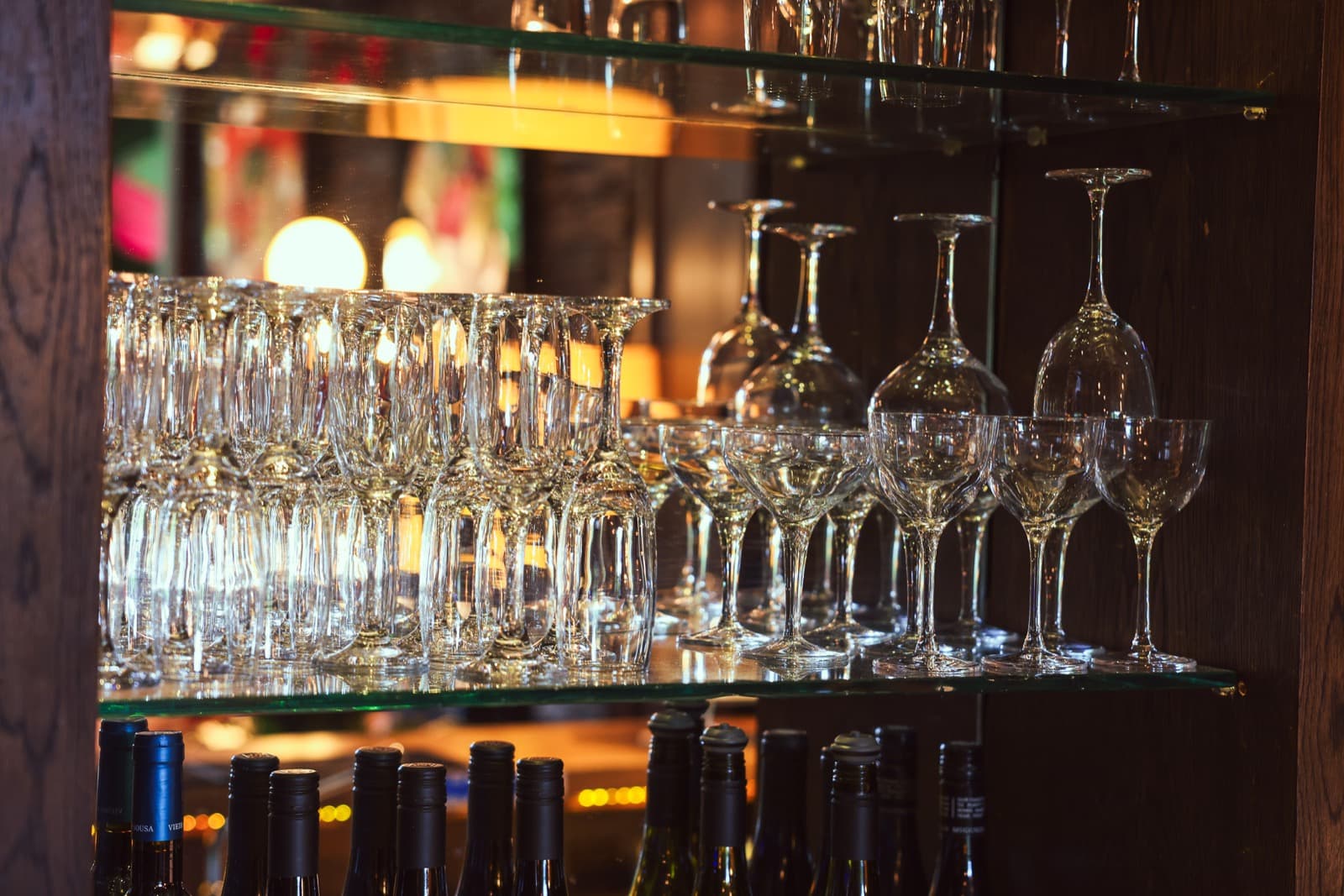 Glassware racked above the bar